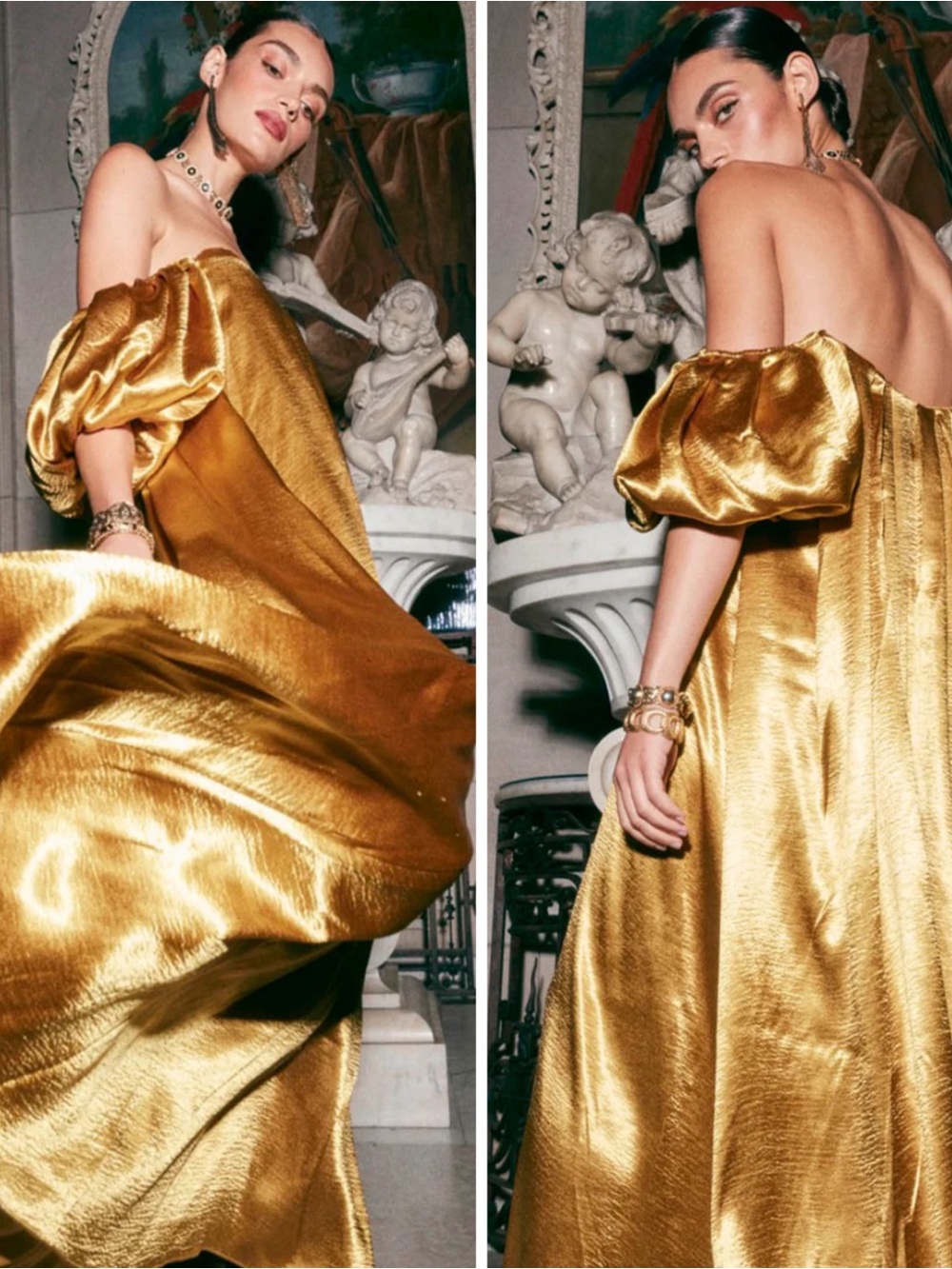 CAROLINE CONSTAS Palmer Off the Shoulder Satin Yellow Gold Maxi Dress Size S - Picture 2 of 10